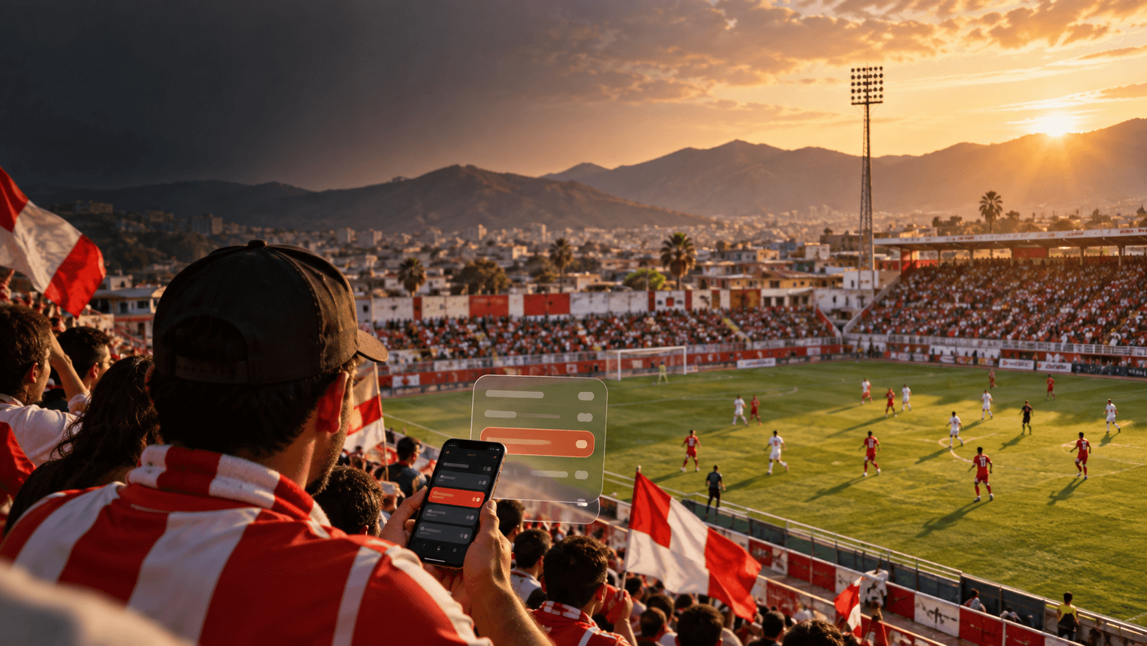 Partido de fútbol local en un estadio latinoamericano durante la hora dorada