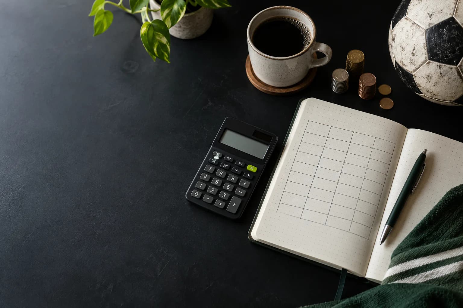 Cuaderno de presupuesto, calculadora, monedas y balón de fútbol sobre un escritorio oscuro