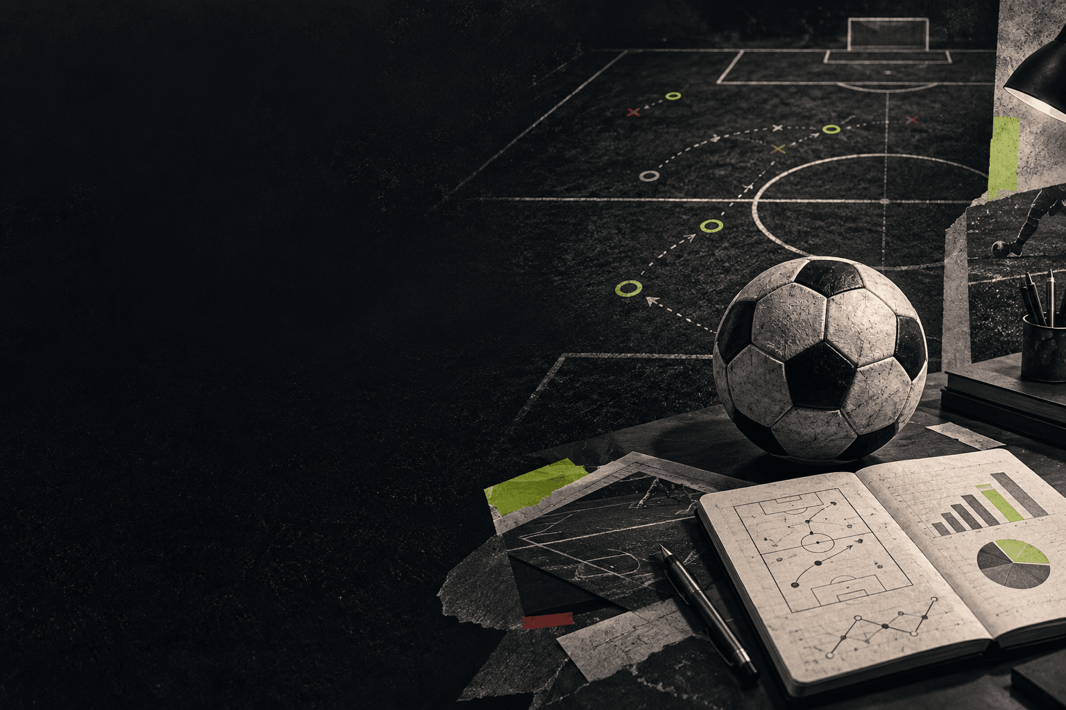 Balón de fútbol y cuaderno de análisis sobre una pizarra táctica