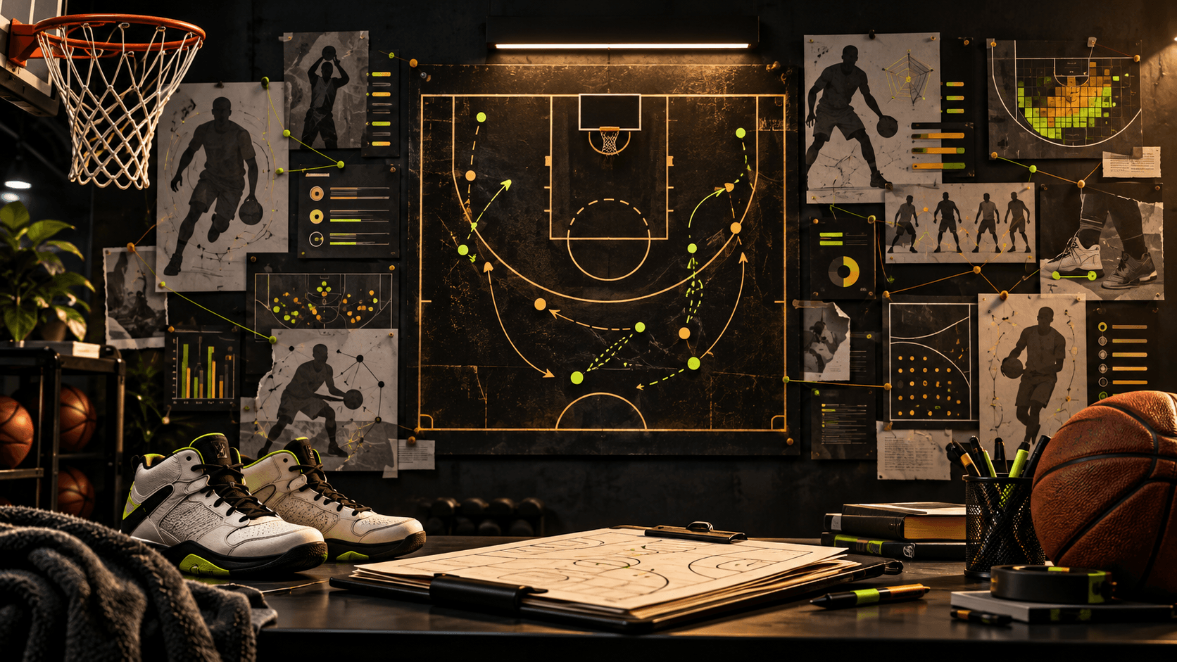 Pared de scouting con cancha, zapatos y diagramas de jugadores