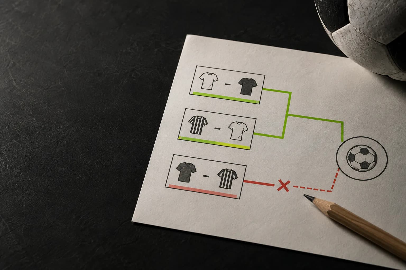 Diagrama visual de un parlay de fútbol con selecciones conectadas y una ruta fallida