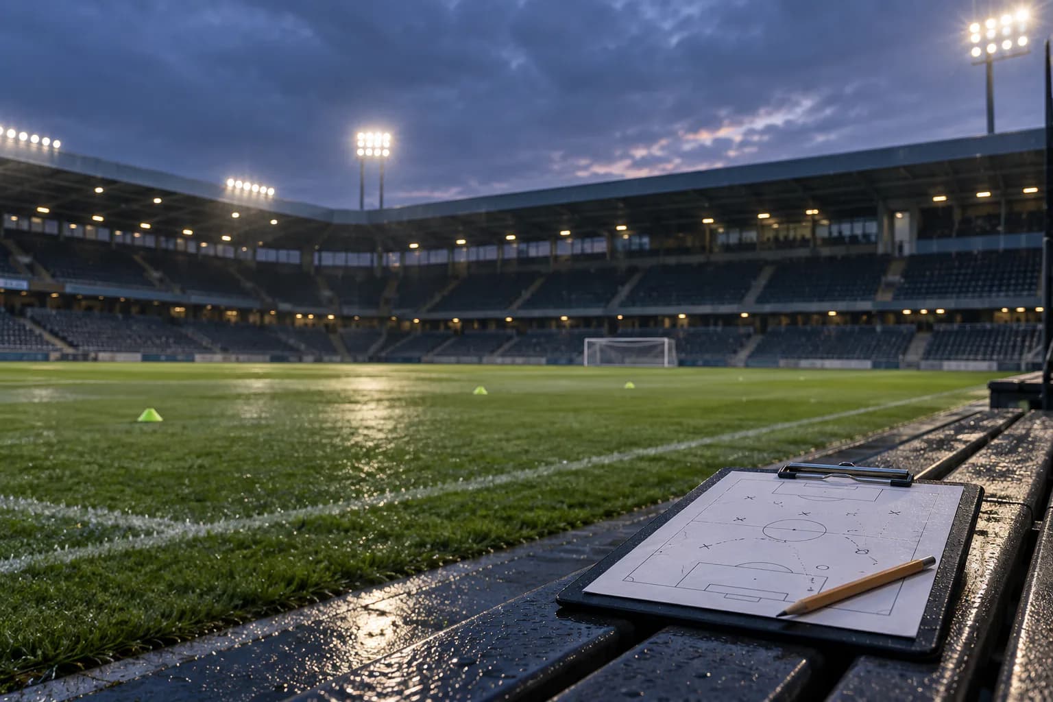 Estadio de fútbol vacío al anochecer con una pizarra táctica en primer plano