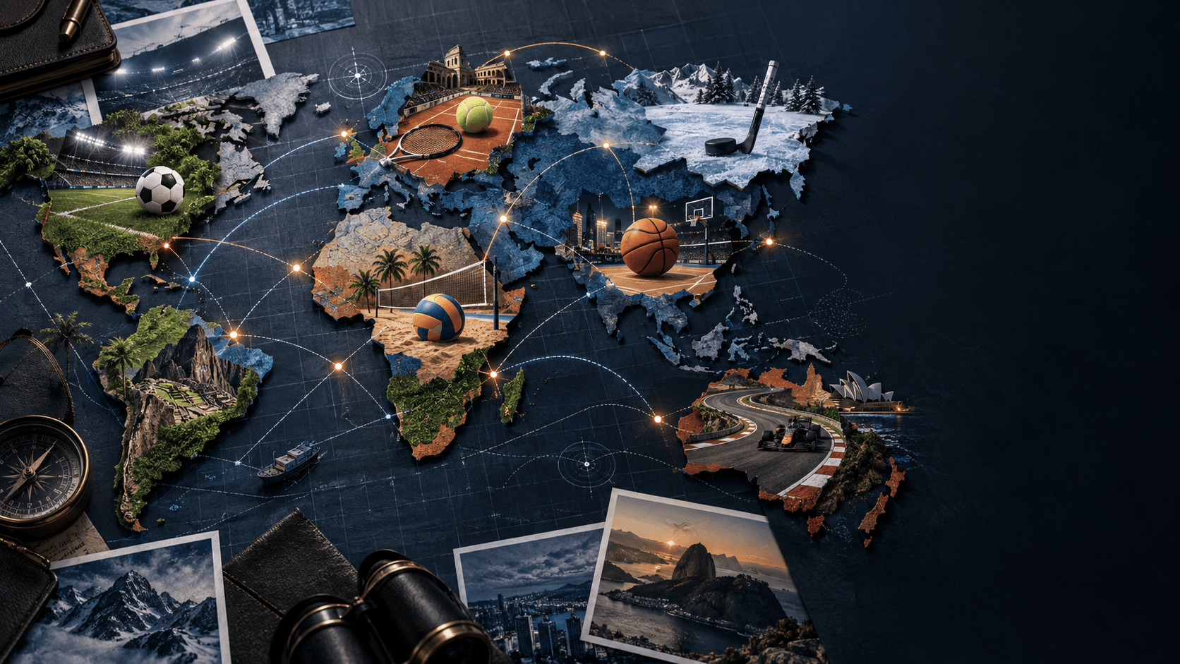 Collage editorial de un mapa mundial conectado con escenas de varios deportes