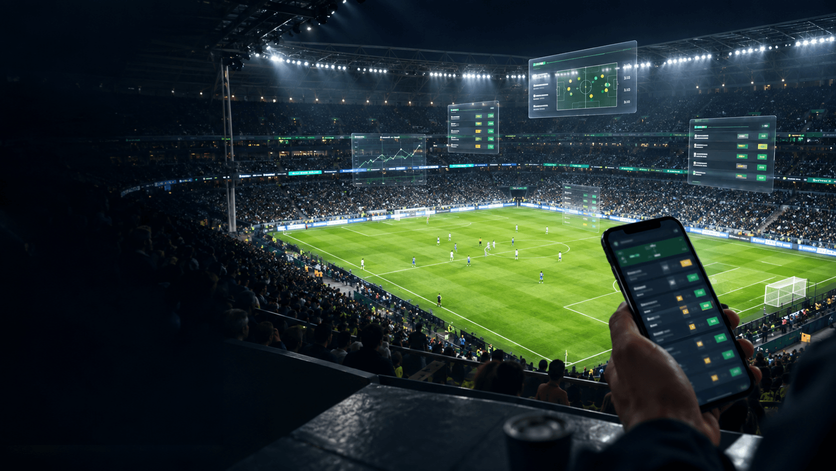 Estadio de fútbol nocturno con paneles abstractos de datos y cuotas en vivo