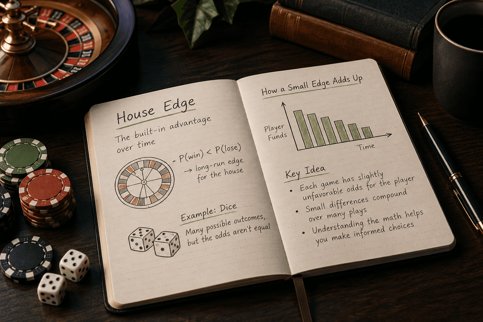 Cuaderno con notas sobre ventaja de la casa, dados y ruleta