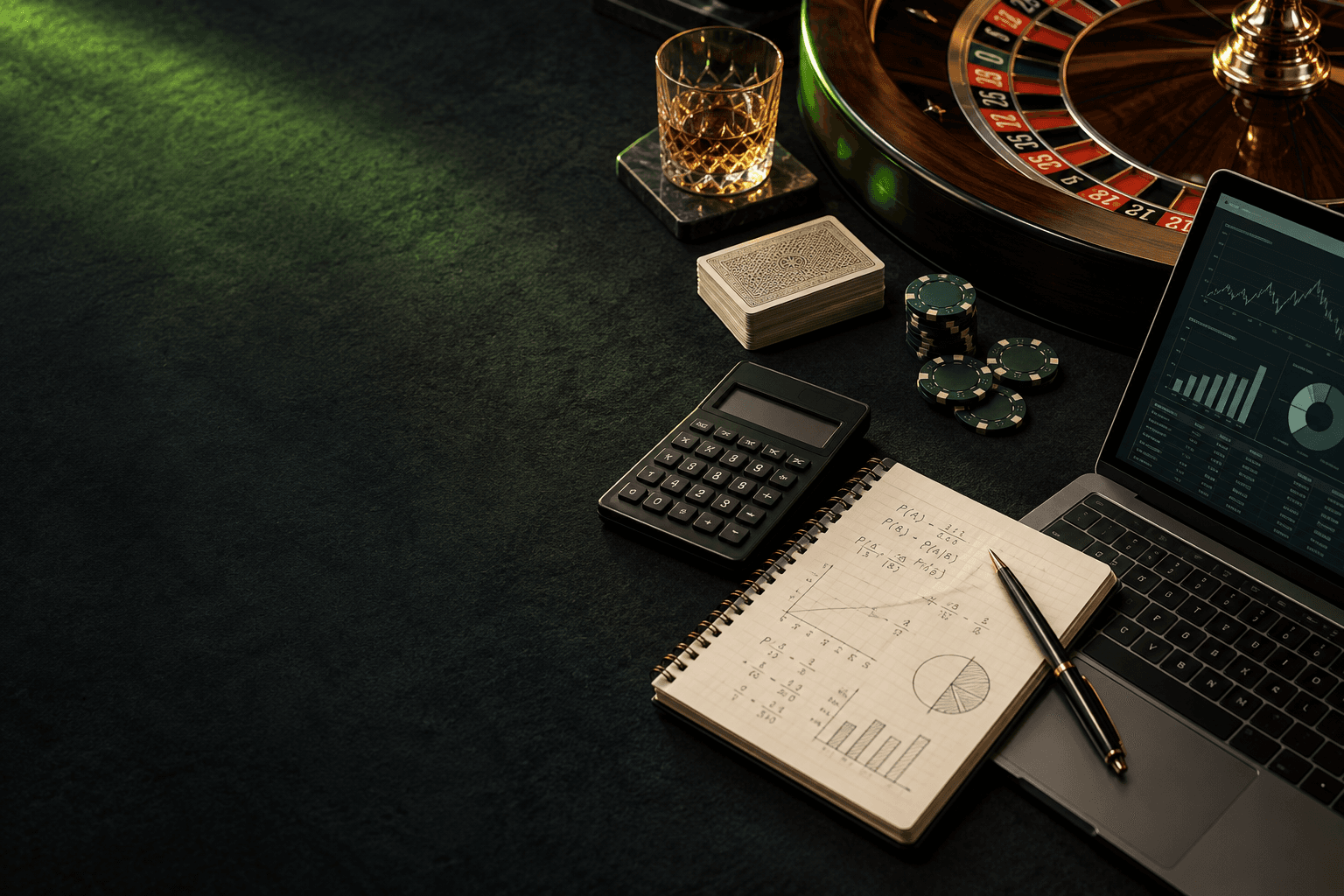 Mesa de investigación con ruleta, calculadora, fichas y gráficos