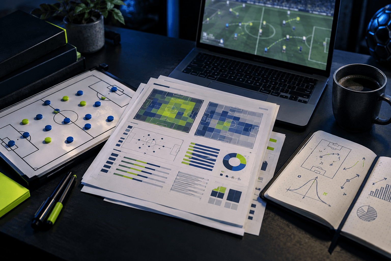 Mesa de análisis futbolístico con pizarras tácticas, gráficos de zonas y una pantalla de partido