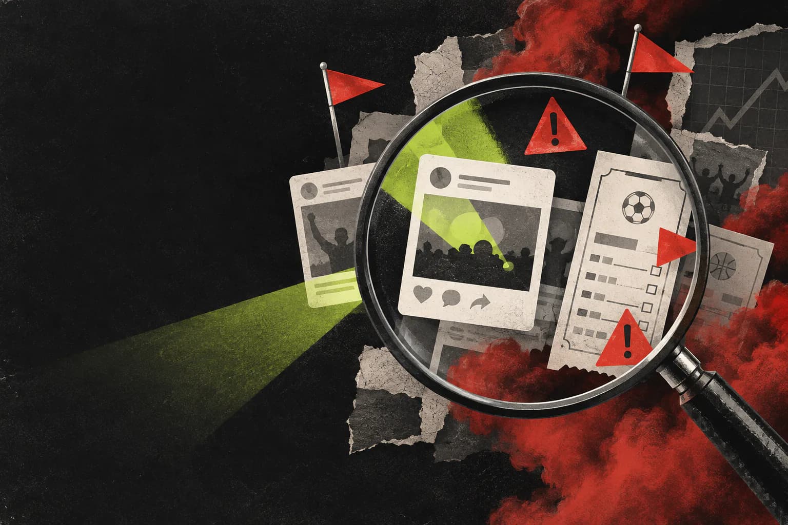 Lupa editorial sobre tarjetas de promociones, advertencias y humo rojo