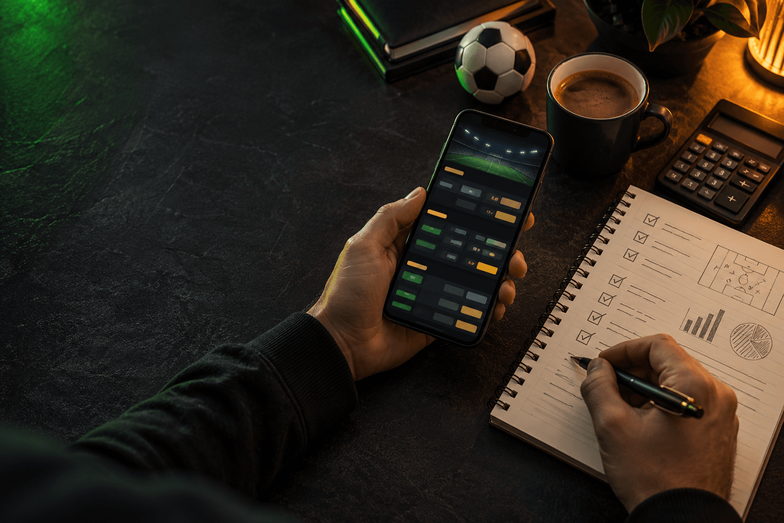 Manos revisando una app deportiva, un cuaderno de condiciones y una calculadora