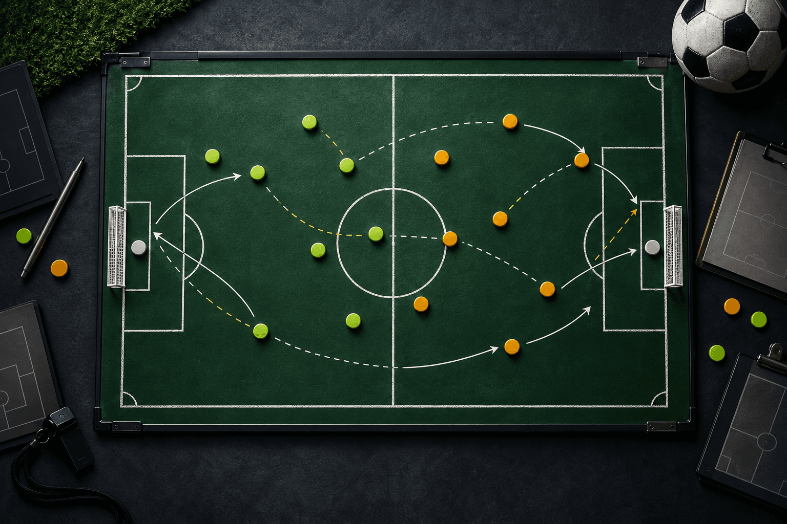 Pizarra de fútbol con marcadores y rutas de ataque para explicar líneas asiáticas