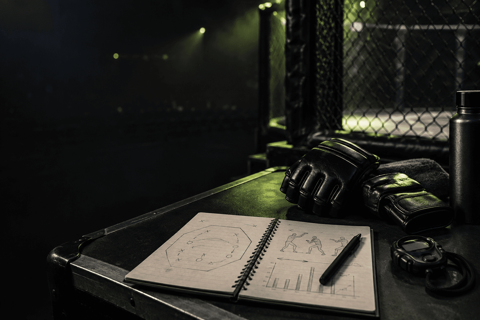 Guantes de MMA, cronómetro y cuaderno de análisis junto a una jaula iluminada en verde