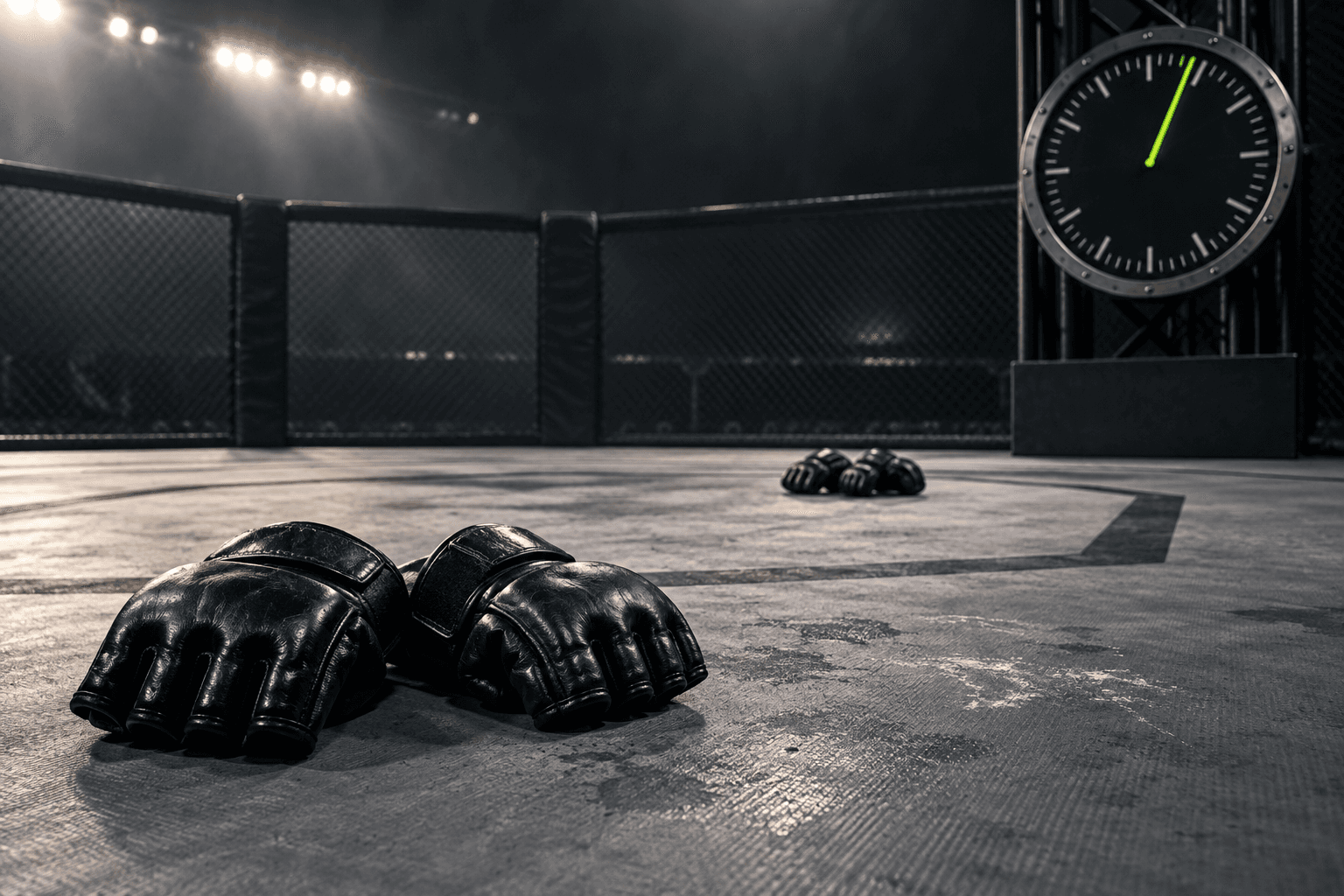 Guantes de MMA sobre la lona de una jaula vacía con un cronómetro iluminado en verde