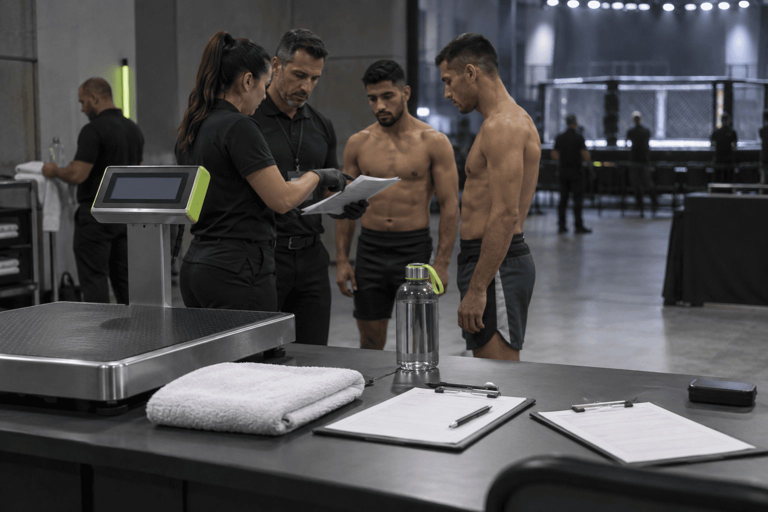 Pesaje de MMA con báscula digital, atletas y hojas de verificación antes de una pelea