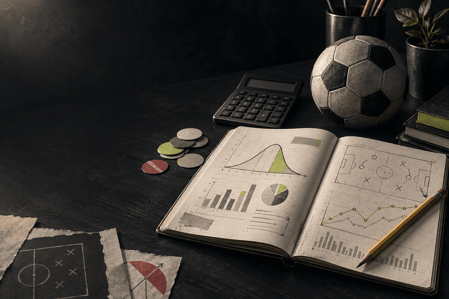 Escritorio editorial con calculadora, cuotas y gráficos de apuestas