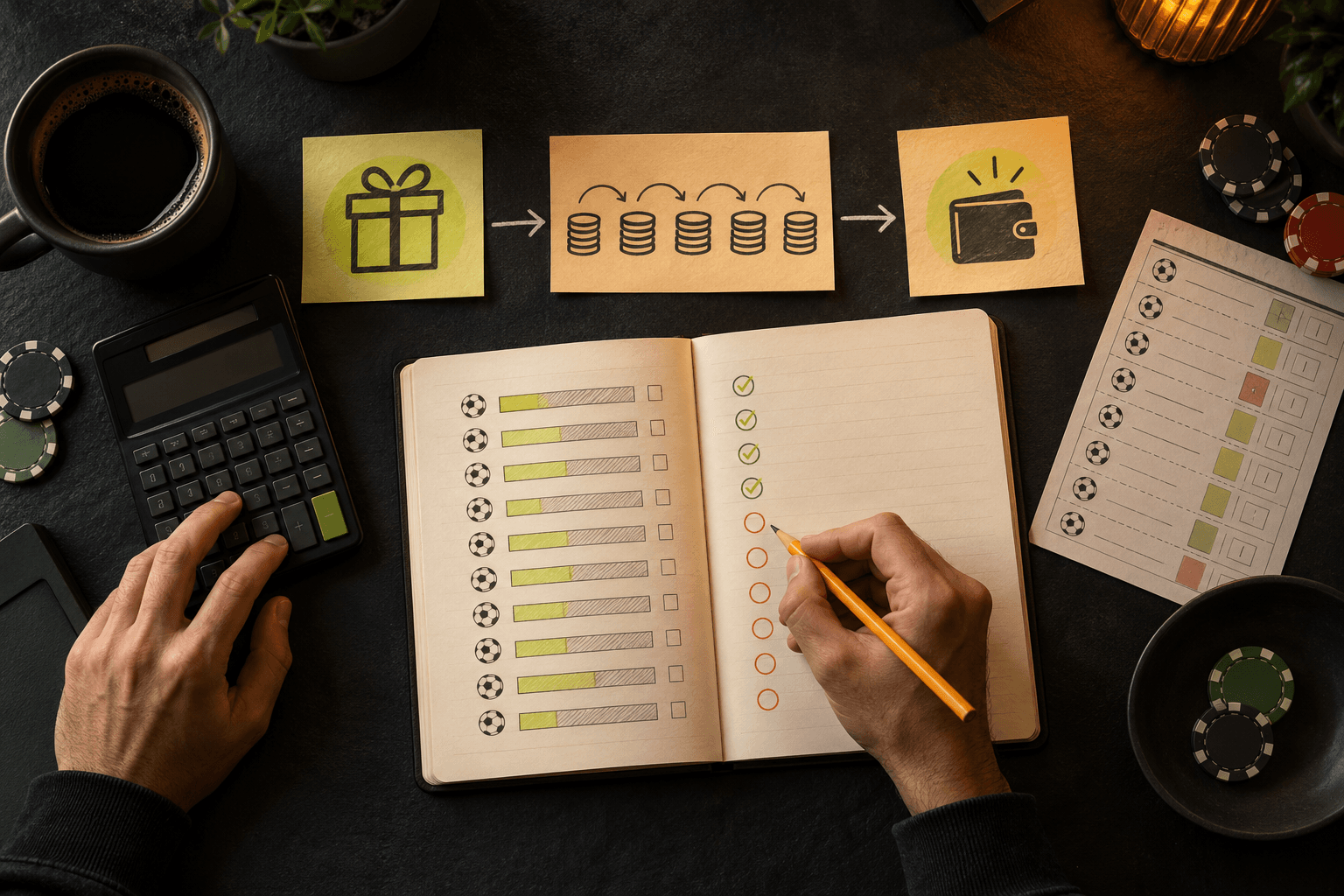 Cuaderno con progresión de apuestas, calculadora y condiciones de promoción